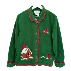 Vtg 90s Green Sweater Cardigan Shacket Cardinal Birdhouse Plaid Festive Large